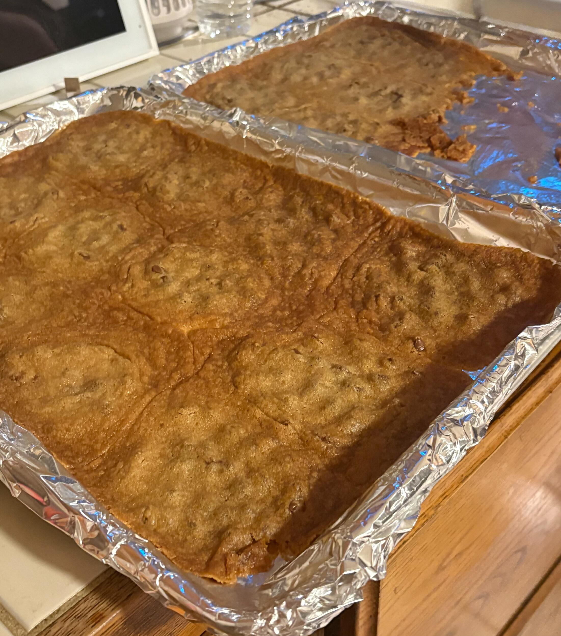 We tried to bake cookies together from the Stardew Valley cook book, but I made a mistake. The recipe was for Oatmeal cookies, and I had only wanted chocolate chip, so i just didnt include the oats. Nick said "What if we just make a pan cookie" as a joke. Turns out if you do forget the oats, you get a pan cookie. 