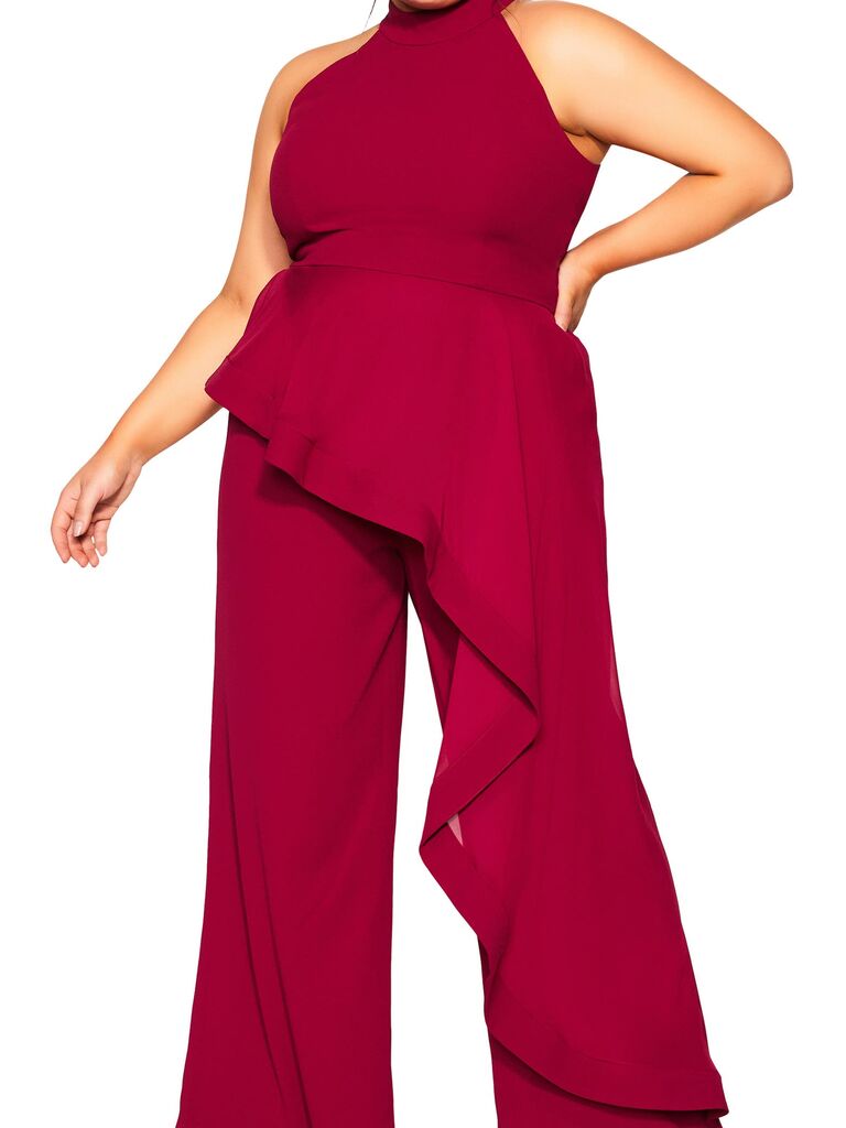 A plus size sleeveless red jumpsuit with an asymmetric overlay from Nordstrom