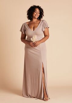 Birdy Grey Hannah Crepe Dress Curve in Taupe V-Neck Bridesmaid Dress