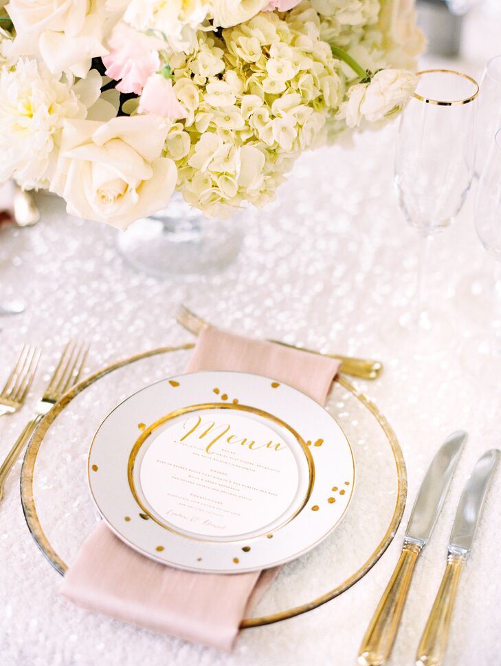 Round menu cards fit perfectly into the whimsical gold-polka-dot dinner plates for a chic yet fun effect  at the Hay-Adams in Washington, DC.