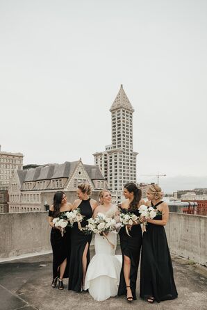 Modern Bride, White Bouquets and Bridesmaids with Long Black Dresses on Rooftop