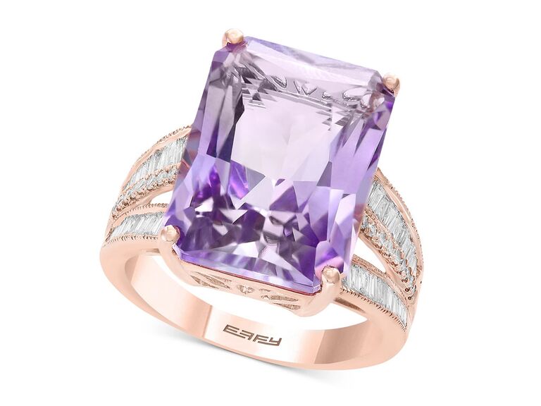 macy's amethyst engagement ring with emerald cut pink amethyst claw prongs baguette cut diamond split shank and plain rose gold band