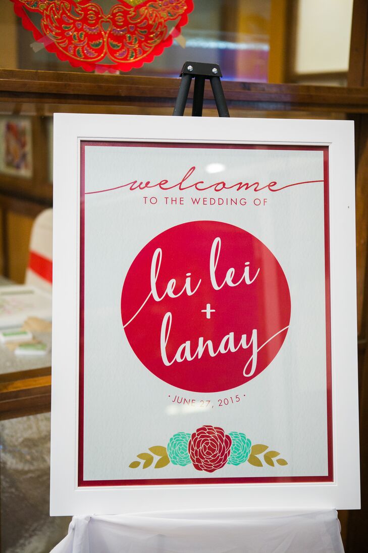 The welcome sign and menu cards were custom made for the couple by LeiLei’s close friend and bridesmaid Lisa Jeon. Drawing inspiration from the couple’s red, gold and mint color palette, she created playful, modern designs, complete with floral flourishes and a personalized monogram.