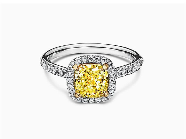 tiffany and co. yellow diamond cushion cut engagement ring with round diamond halo and round diamond band