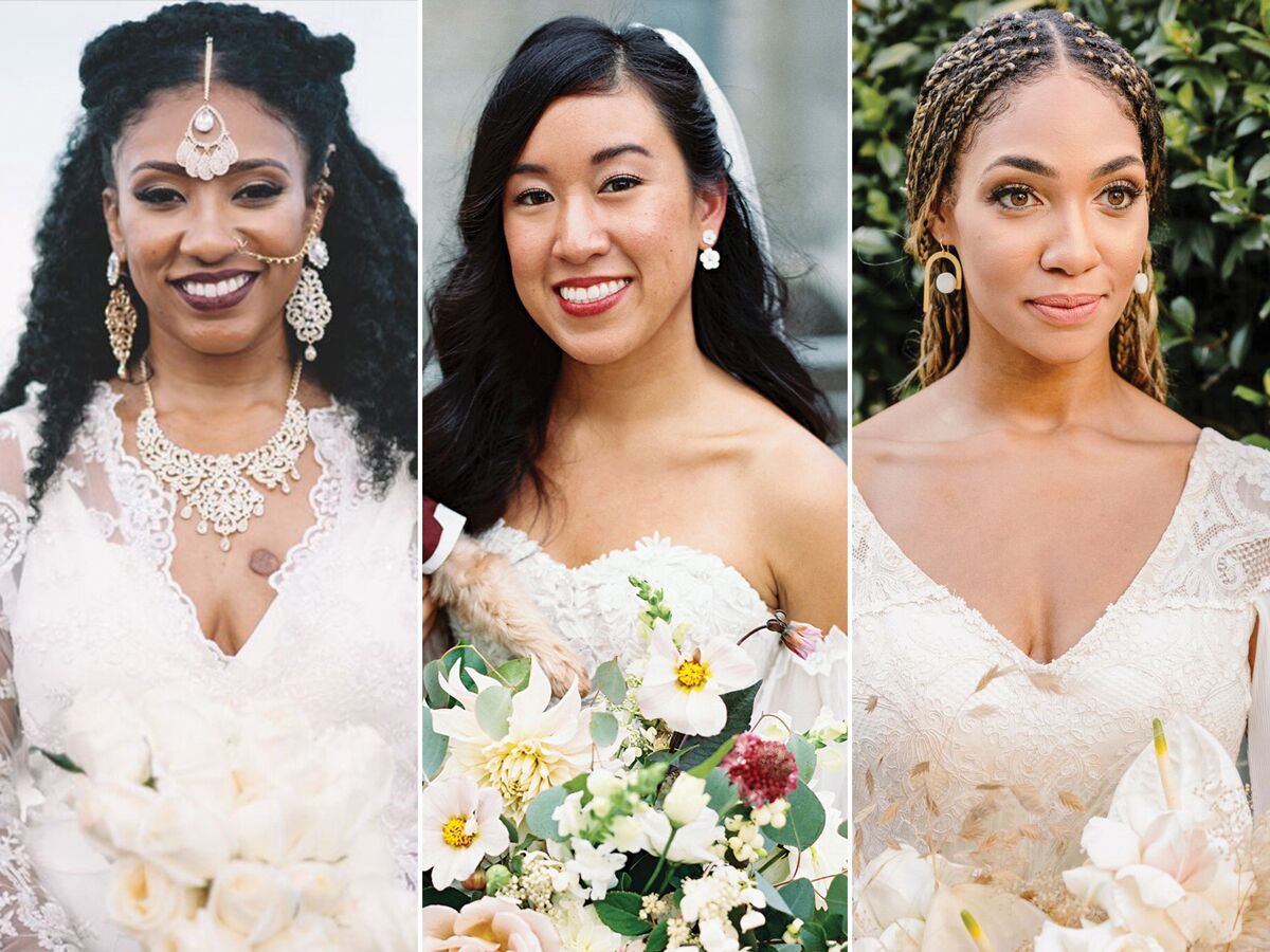 Image of Half-up, half-down hairstyle with veil oval face bridal hairstyle