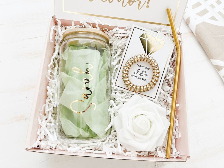 Junior bridesmaid proposal box with glass drinkware and hair tie