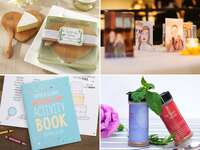 Collage of unique and useful wedding favor ideas