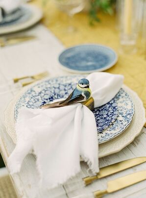Blue-and-White Chinoiserie-Inspired Dishware  and Bird Napkin Holder