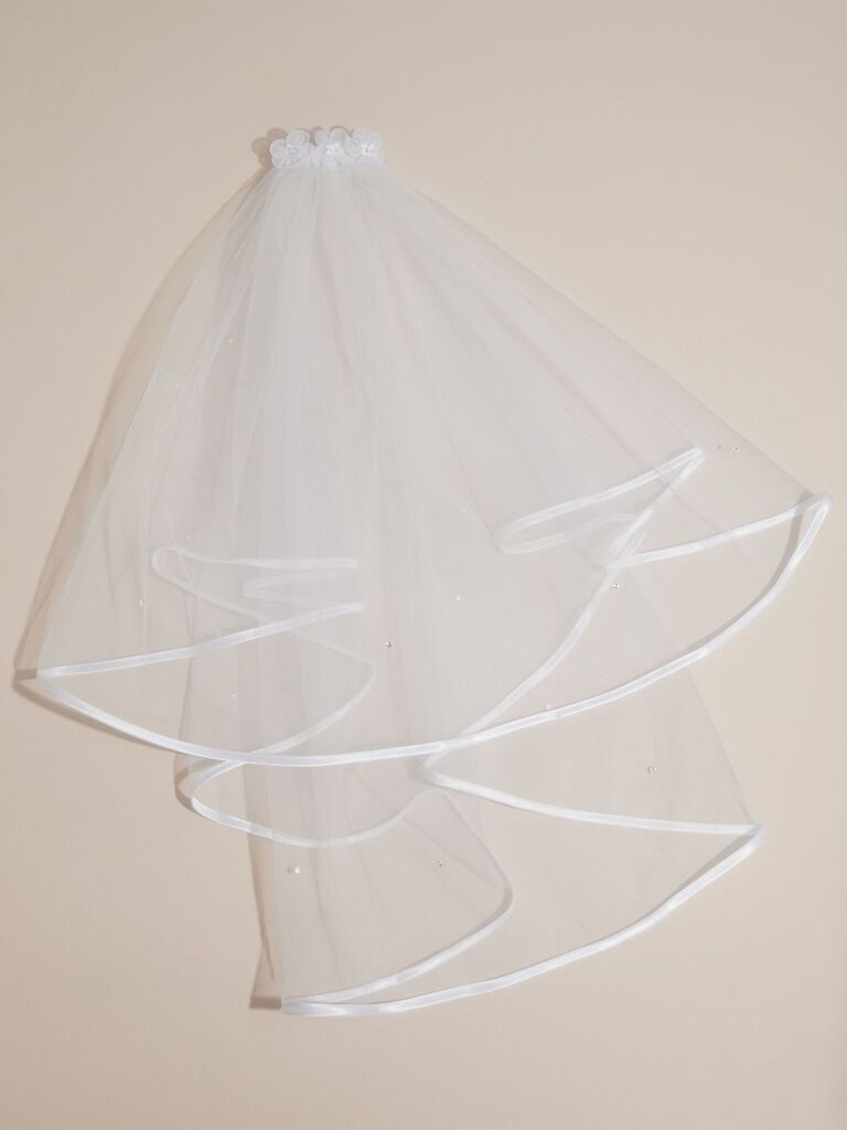 White cascading flower girl veil. 