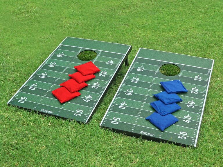 Cornhole set with beanbags and football field printed boards