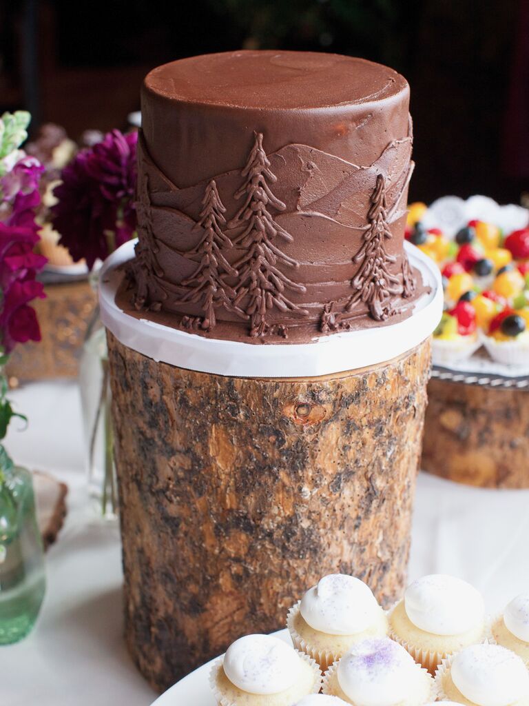rustic chocolate one tier wedding cake with mountain and evergreen tree design
