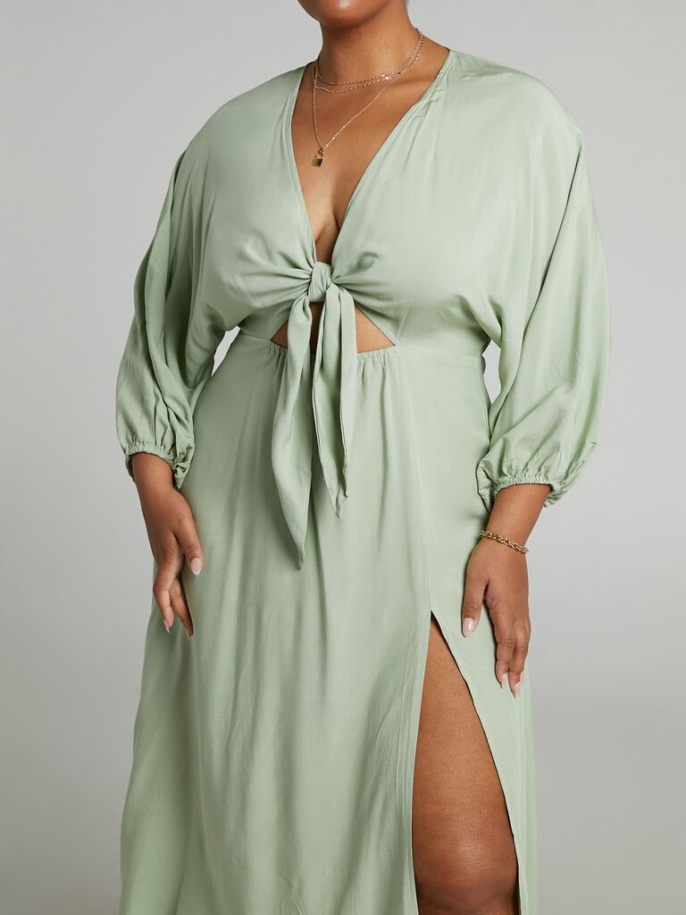 lightweight midi wrap dress for spring wedding guests in sage