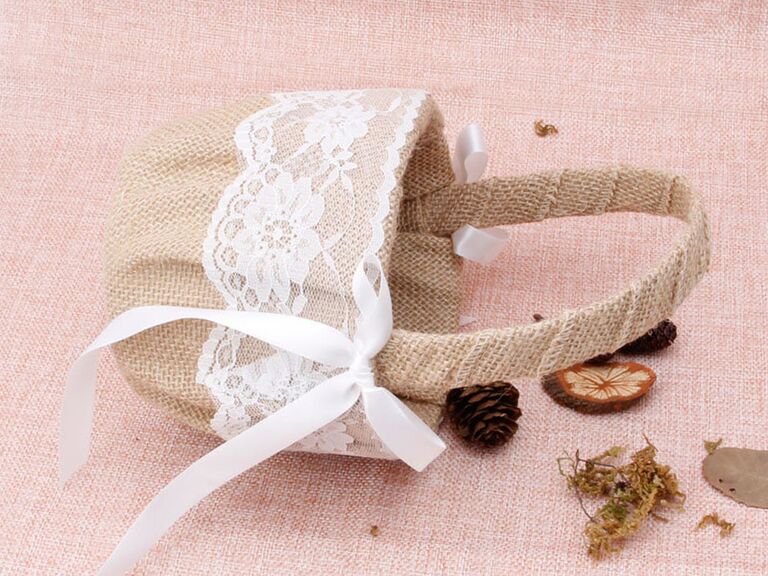 burlap basket with white lace lining