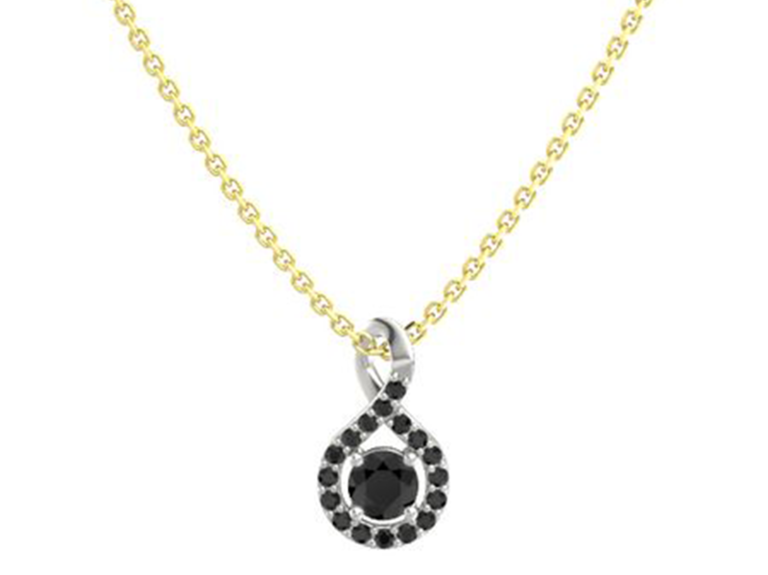 Black round diamond with black diamond twisted halo on gold chain