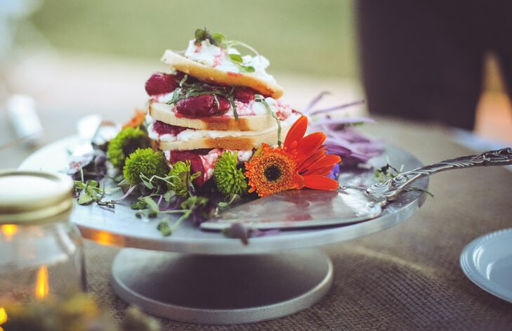 Award-winning chef Josh Niernberg of Bin 707 created Kelsey and Joey's one-of-a-kind wedding cake for dessert: strawberry shortcake. "It was the prettiest thing on the planet," Kelsey says. "The food was the most delicious in the world. I was slightly disappointed I couldn't sit around stuffing my face."