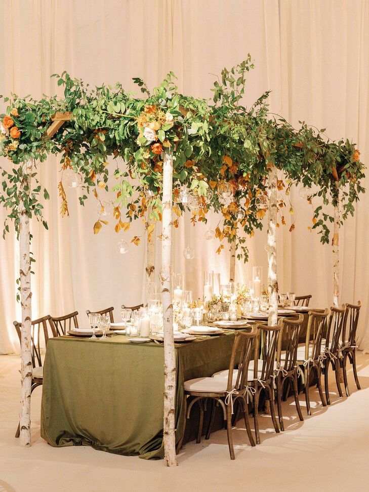 Reception Table With Aspen Tree Canopy and Green Linens