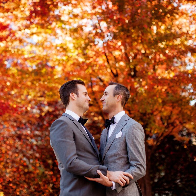 Bright orange autumnal wedding engagement photo