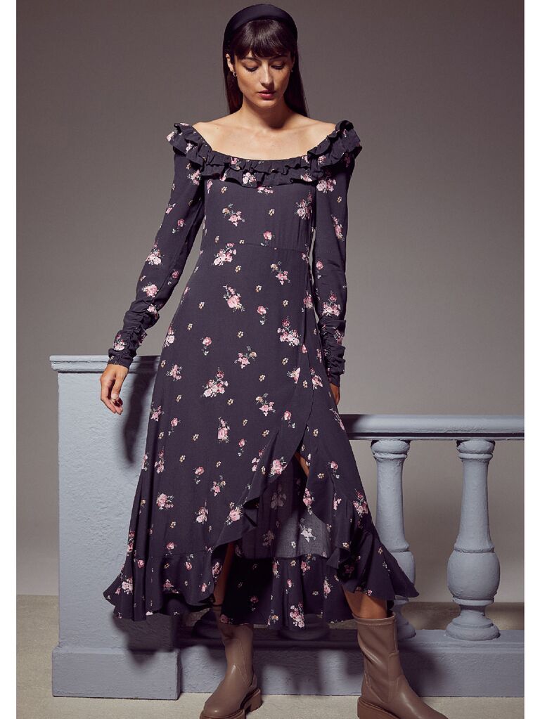 Black long sleeve maxi dress with ruffled neckline