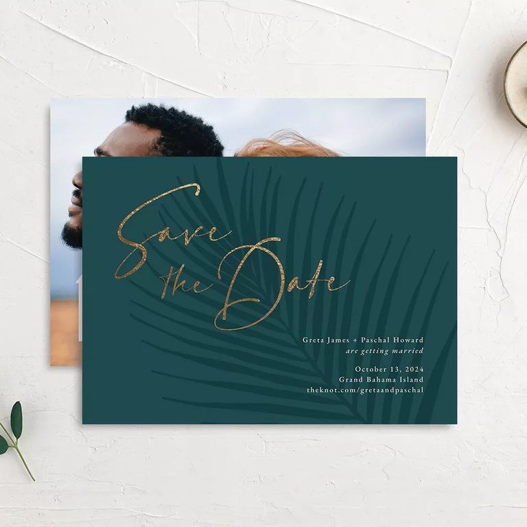 Gorgeous beachside save-the-date cards with foil accents
