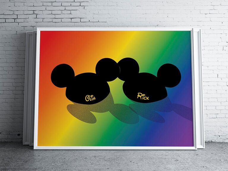 Personalized name Mickey ears art print on rainbow background