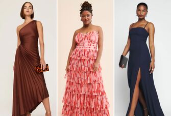 Three fabulous choices for wedding guest dresses in neutral, floral and navy color schemes.