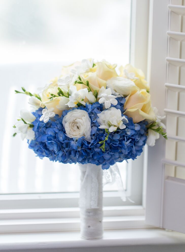 Blue Hydrangea, Yellow Rose and White Ranunculus Bouquet