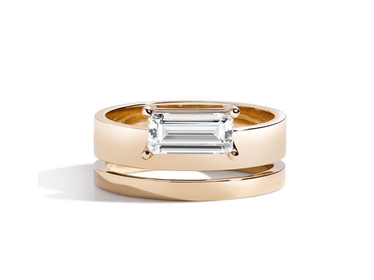 east west diamond set in rose gold double band setting
