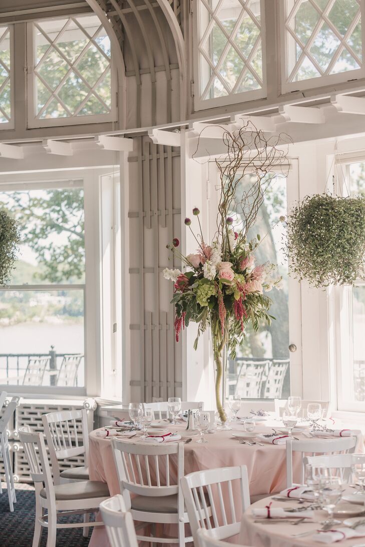 Tall Wedding Centerpieces with Roses, Hydrangeas, Amaranthus and Eucalyptus