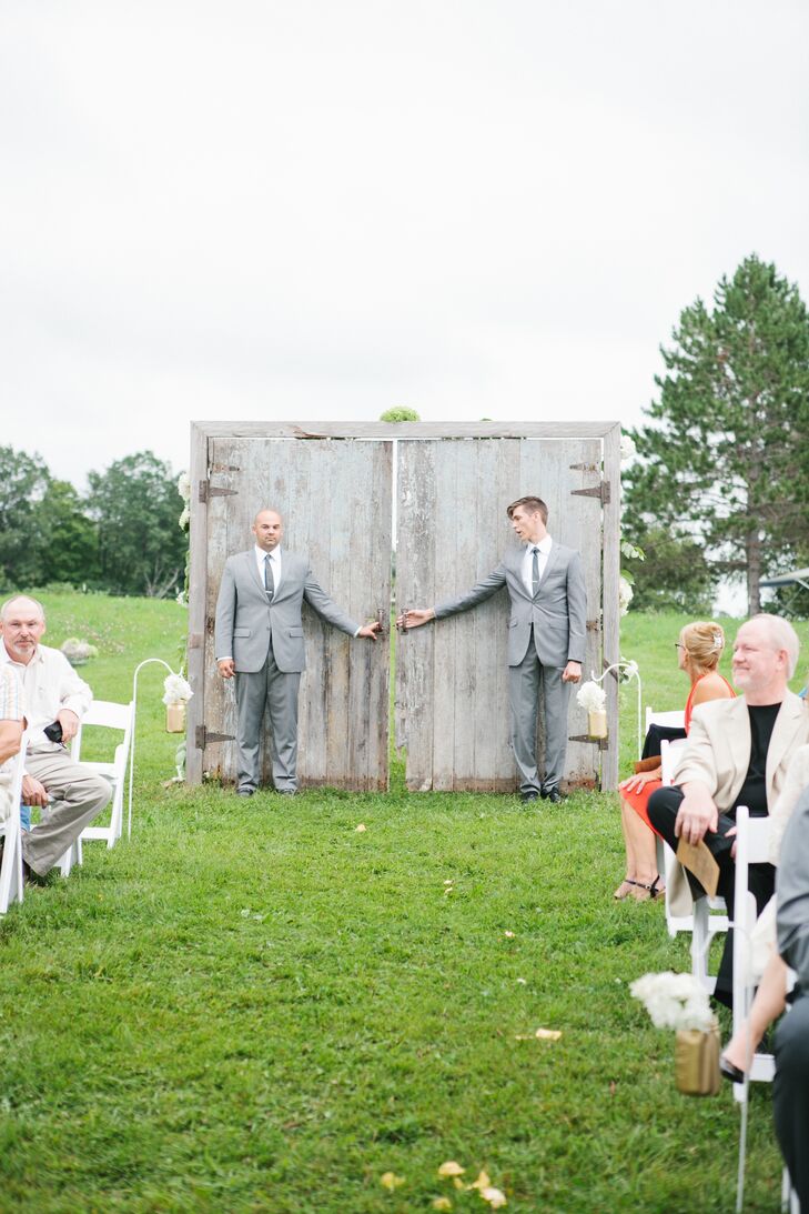 Antique Wooden Barn Door Entranceway to Rustic Backyard Ceremony