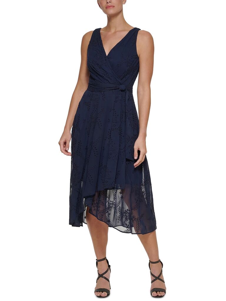 Navy lace faux wrap petite wedding guest dress