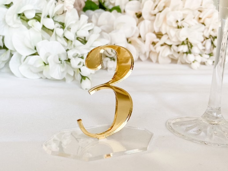 classic elegant wedding table number with gold 3D number on clear acrylic base