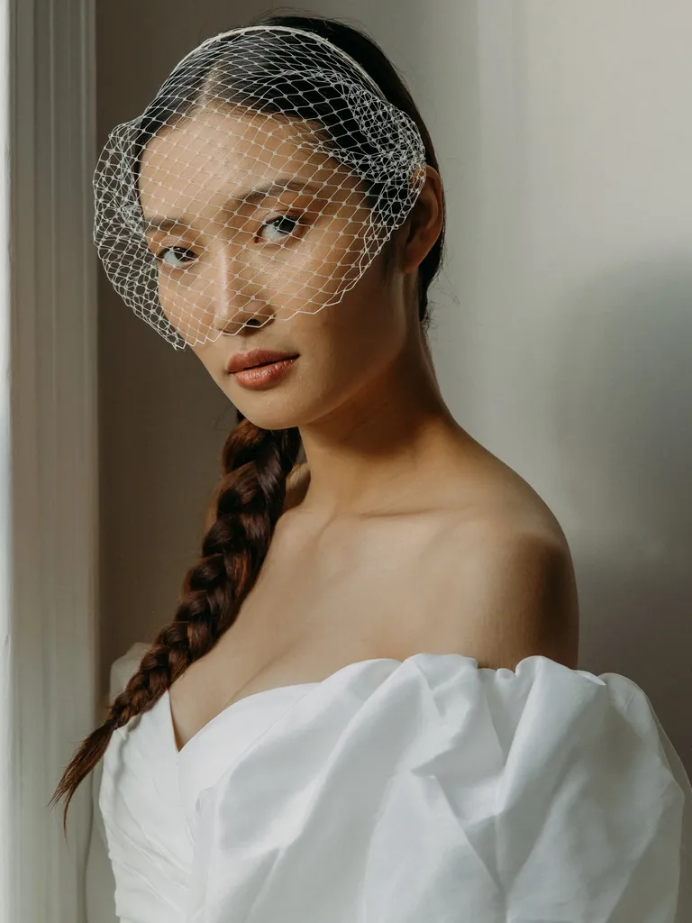 Small veil on silk bridal headband