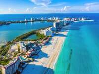 Aerial view looking north of the Hotel Zone and beaches of Cancún, Mexico
