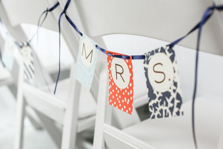 Banners using the patterns from other stationery hung on the back of the bride and groom’s chairs at the reception.