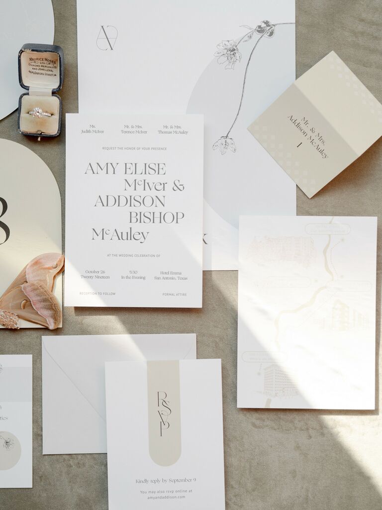 Beige and white wedding invitation suite