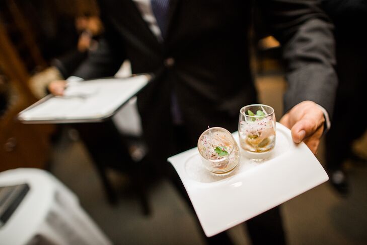 During cocktail hour, guests were treated to passed appetizers including crispy potato croquettes and lamb chops. As a special treat they were also served Hamachi Shots which originated at Alexander's Steakhouse.