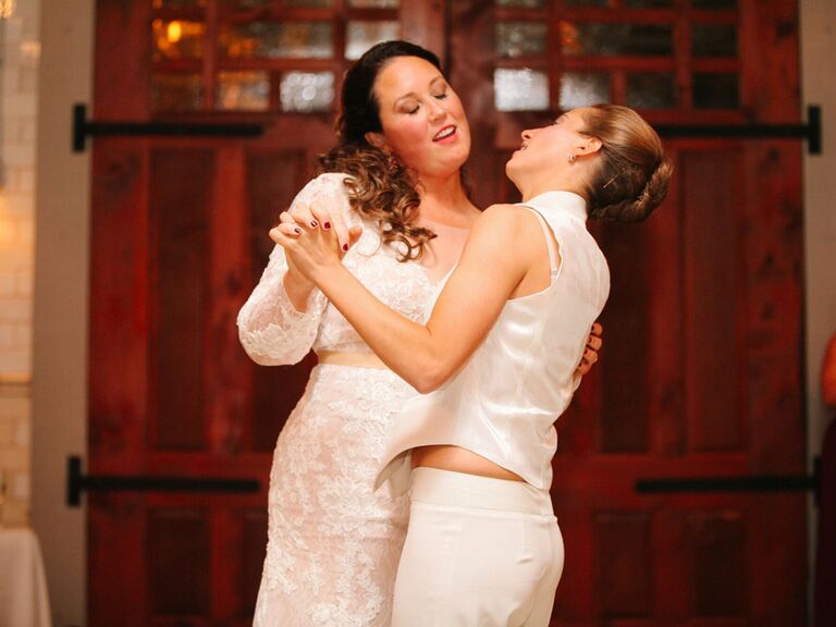Same sex wedding brides first dance at reception