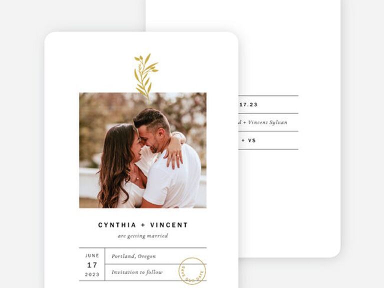 Personalized photo above event details with minimal line design and stamp graphic