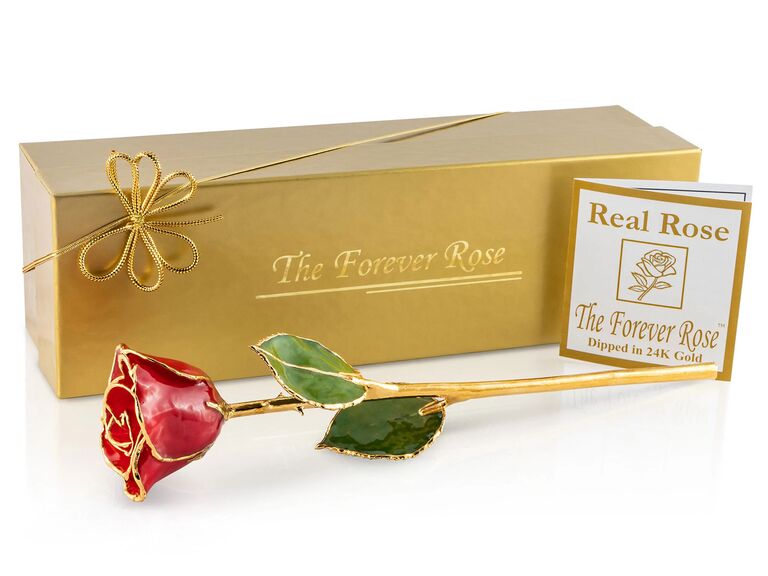 Gold-trimmed preserved red rose wedding gift for bride