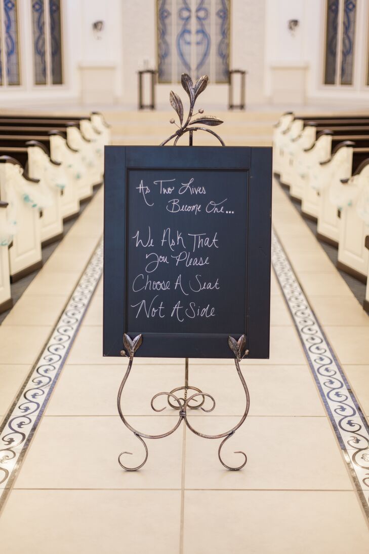 Faith has been a common thread throughout Cami and Tarik’s seven-year relationship, so it was fitting that they get married at their church, Faith Assembly of God. “This church has been our church home since childhood,” Cami says.  Guests were greeted into the service with a handwritten chalkboard sign.