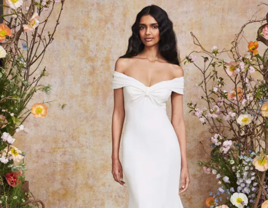 Stretch crepe dress with off the shoulder bodice