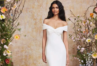 Stretch crepe dress with off the shoulder bodice