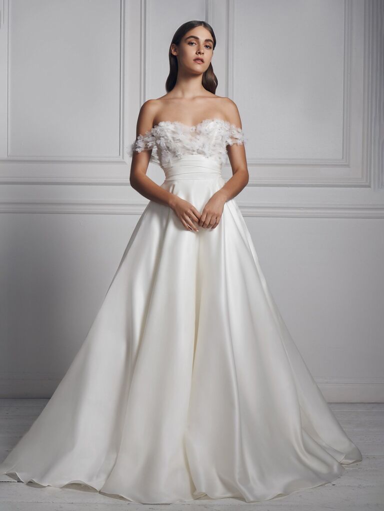 off the shoulder wedding dress silk