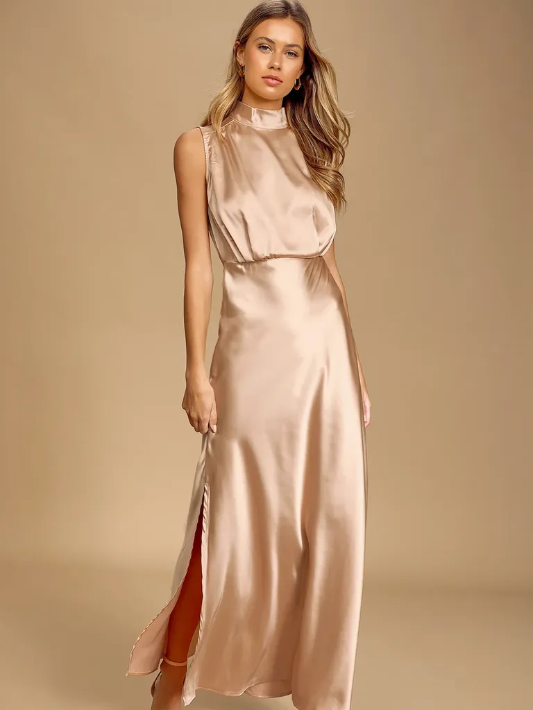 Blush Satin Sleeveless Mock Neck Maxi Dress
