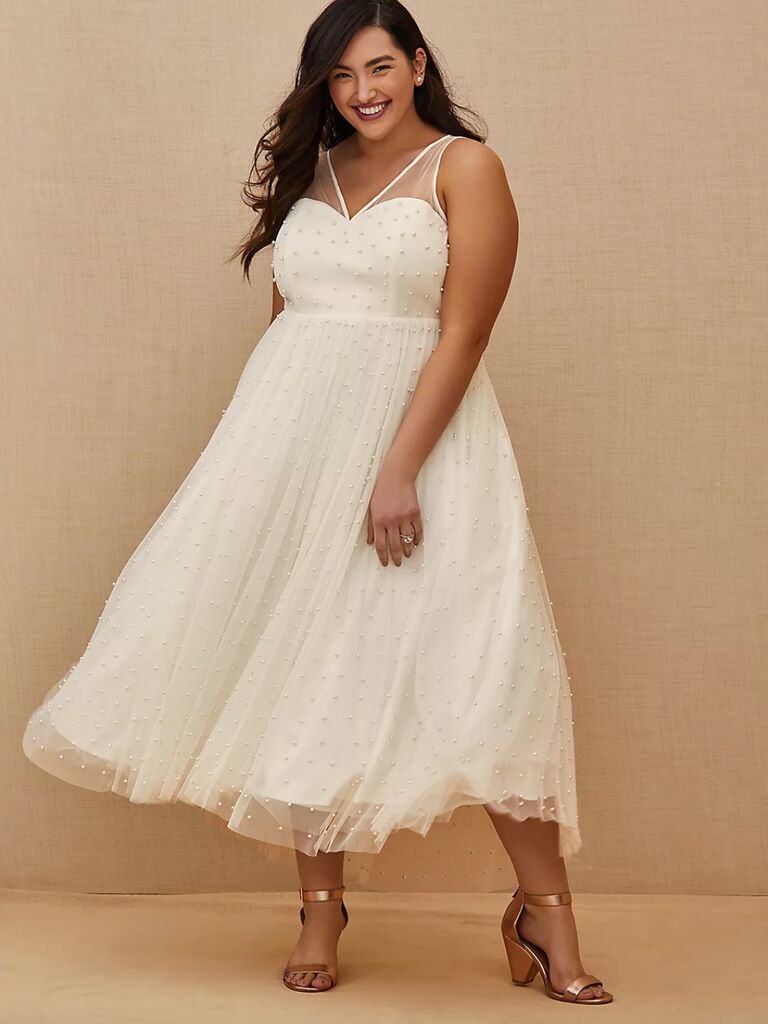 Torrid ivory mesh faux pearl tea-length wedding dress