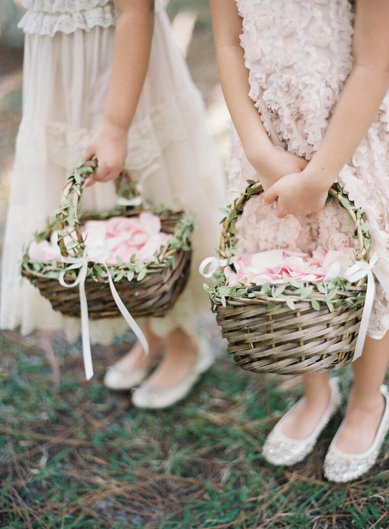 Flower girl wedding baskets with light pink rose petals