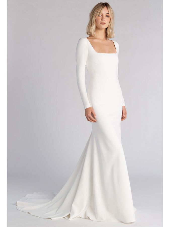 Jenny Yoo knit crepe fit-and-flare wedding dress with long sleeves