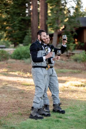 Groomsmen Dressed in Fly Fishing Outfits Giving Wedding Toast