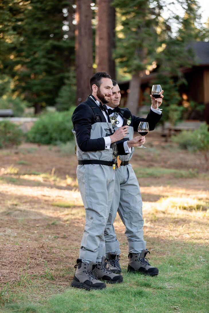 Groomsmen Dressed in Fly Fishing Outfits Giving Wedding Toast