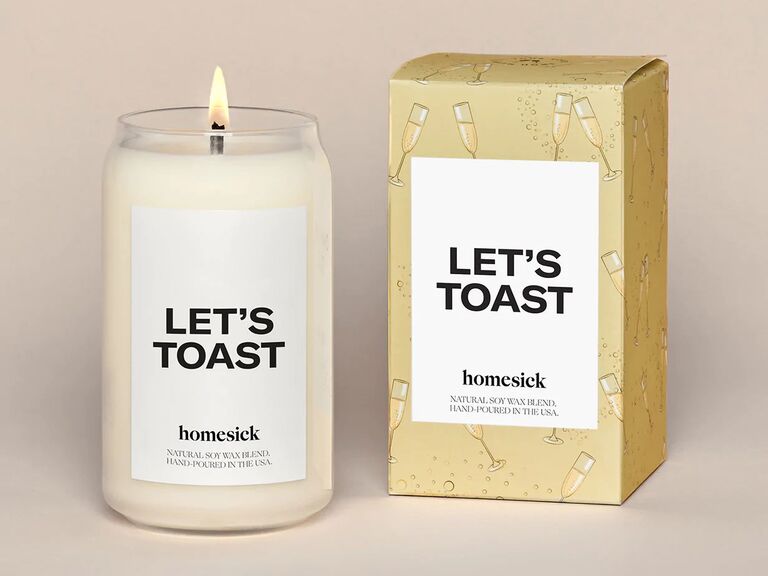 Homesick Let's Toast champagne-scented candle engagement gift from parents